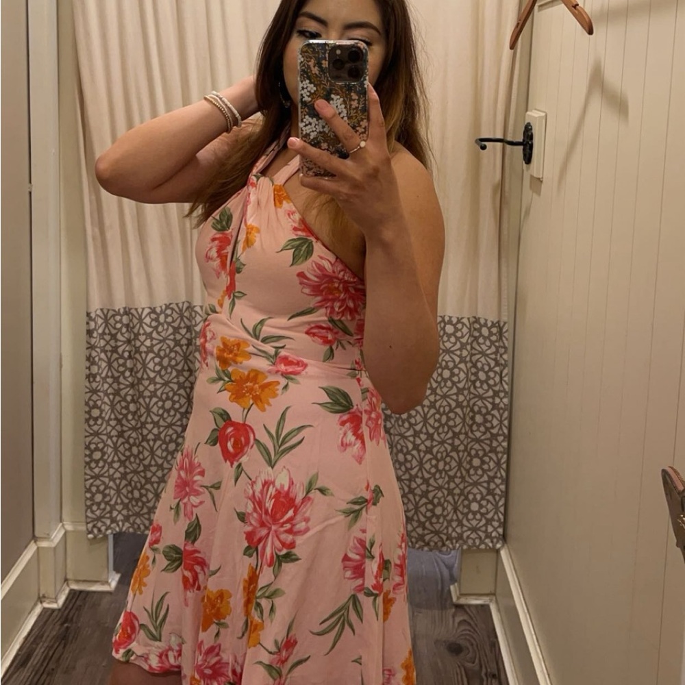 Francesca's Collections Pink Floral Halter Midi Dress